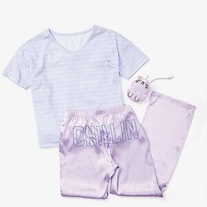 NWT  justice girl chillin cat & pajama bag sz 6 youth silky purple